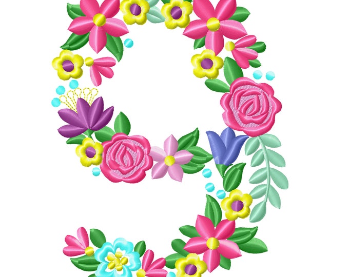 Floral letter Birthday number NINE flowers liberty fashioned flowers Font machine embroidery design number 9 only 4, 5, 6, 7, 8 in