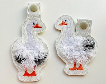 Fringed Geese key fob snap tab SET of 2 Goose keychain in the hoop machine embroidery designs ITH project bird fluffy fuzzy Gander Gosling
