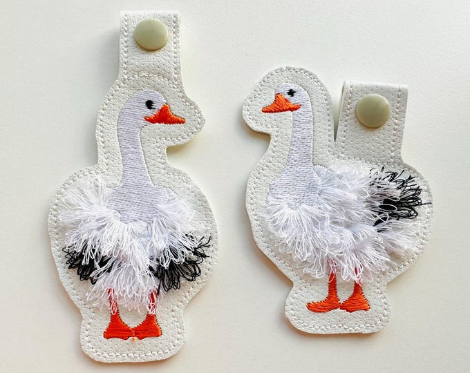 Fringed Geese key fob snap tab SET of 2 Goose keychain in the hoop machine embroidery designs ITH project bird fluffy fuzzy Gander Gosling
