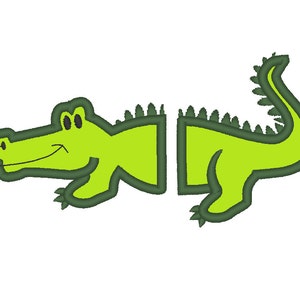 May include: A green cartoon alligator with a toothy grin and a long tail. The alligator is outlined in dark green.
