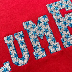 May include: Red t-shirt with the word "LUME" embroidered in white with blue star accents.