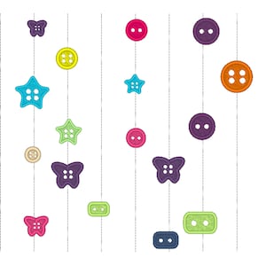 May include: A white background with strings hanging down.  On the strings are various colorful buttons in the shapes of stars, butterflies, and rectangles.  The buttons have different numbers of holes.