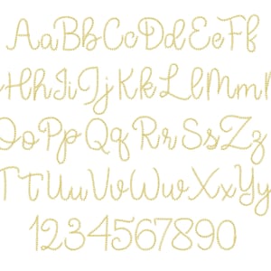 May include: A gold alphabet font with uppercase letters, lowercase letters, and numbers 1 through 0. The font is a cursive script style.