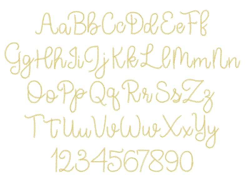 May include: A gold alphabet font with uppercase letters, lowercase letters, and numbers 1 through 0. The font is a cursive script style.