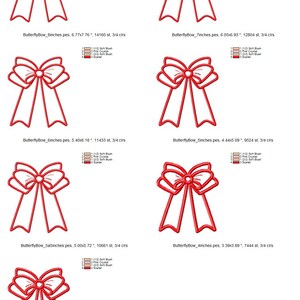 May include: A set of ten red butterfly bow embroidery designs in various sizes, ranging from 10 to 20 cm. Each design is outlined in red and features a white centre.