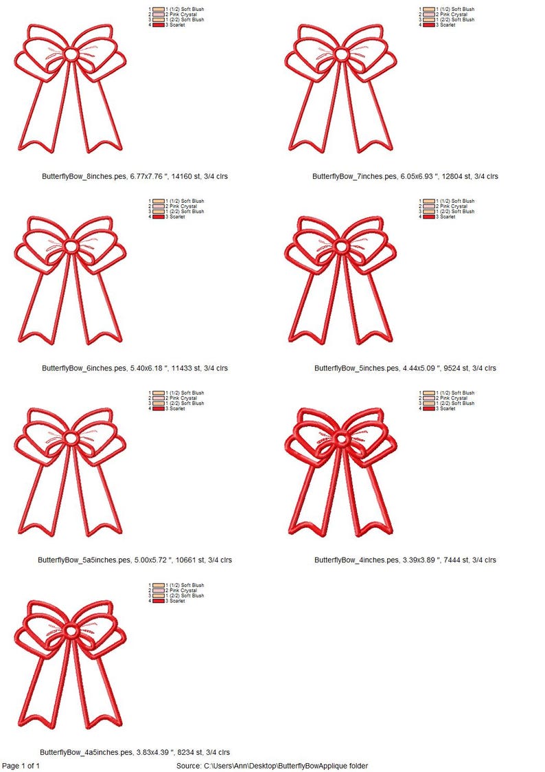 May include: A set of ten red butterfly bow embroidery designs in various sizes, ranging from 10 to 20 cm. Each design is outlined in red and features a white centre.