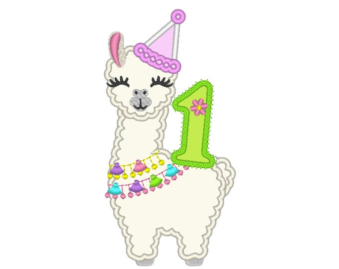 Number 1 First birthday Llama alpaca Birthday hat outfit llama with number Applique Design lama machine embroidery designs 5x7 6x10