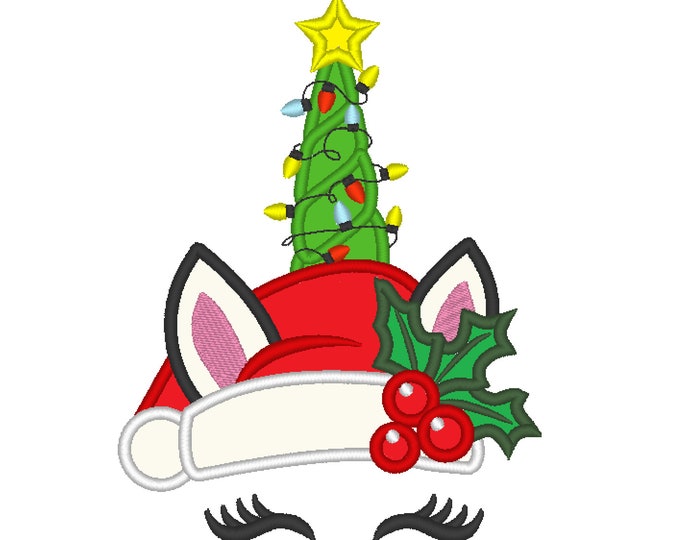 Christmas Unicorn head with Christmas tree and lights applique machine embroidery designs unicorn faceMerry Christmas