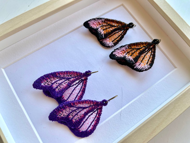Butterfly wings lace earrings charm necklace pendant FSL freestanding lace machine embroidery designs kids girl cute small summer earrings ITH in the hoop project by Artapli embroidery formats PES HUS JEF EXP DST VIP VP3 XXX instant download
