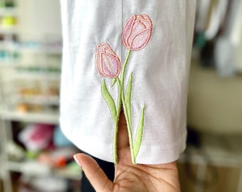 Tulip Flower split side seam cutout side bow machine embroidery designs Mom Mothers Day lovely floral Girls t-shirt sweatshirt embroidery