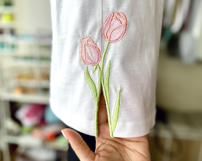 Tulip Flower split side seam cutout side bow machine embroidery designs Mom Mothers Day lovely floral Girls t-shirt sweatshirt embroidery