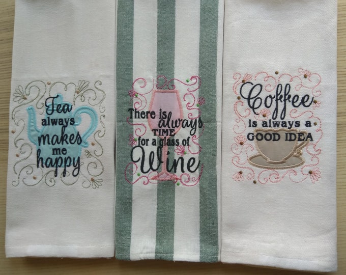 Kitchen wine coffee tea cute quotes - machine embroidery designs - 4x4 and 5x7 - kitchen towels embroidery collection emroidery