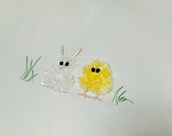 Fringed Easter Bunny and chick friends row grass Fringe in the hoop fuzzy Machine Embroidery designs cute fluffy Bunny kids romper design