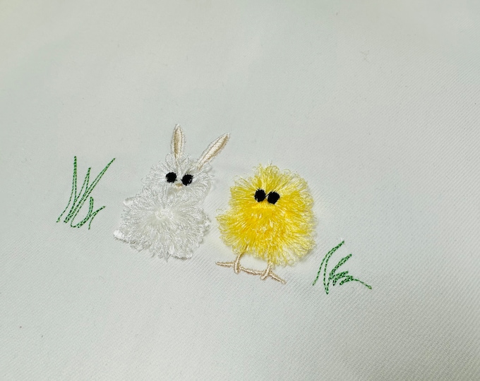 Fringed Easter Bunny and chick friends row grass Fringe in the hoop fuzzy Machine Embroidery designs cute fluffy Bunny kids romper design