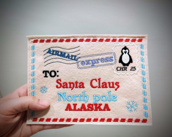 Envelope to Santa Claus with penguin mail express stamp Felt Christmas envelope in the hoop ITH project gift idea machine embroidery designs