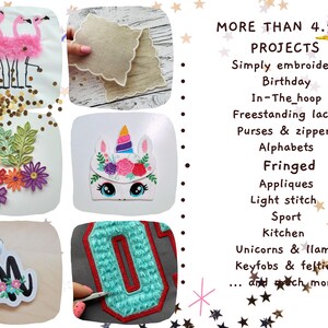 May include: A collage of images showcasing various embroidery designs, including flamingos, a unicorn, flowers, a letter M, and a number 0. The text "MORE THAN 4,500 PROJECTS" is displayed, along with a list of embroidery categories such as "Simply embroidery", "Birthday", "In-The_hoop", "Freestanding laces", "Purses & zippers", "Alphabets", "Fringed", "Appliques", "Light stitch", "Sport", "Kitchen", "Unicorns & llamas", "Keyfobs & felties", and "...and much more".