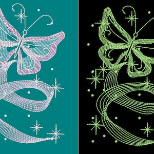 May include: Embroidered butterfly design with a teal and purple color scheme. The butterfly is surrounded by stars and a flowing ribbon. The design is on a teal background, with a matching design on a black background.