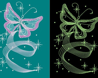 Romantic dance butterfly / Glow in the dark special designed machine embroidery / sizes 4x4 and 5x7 INSTANT DOWNLOAD
