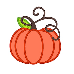 May include: A cartoon-style orange pumpkin with a brown stem and green leaf. The stem is curled into a spiral.