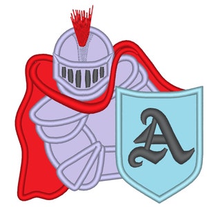 May include: A purple knight in armour with a red cape and a blue shield with a black letter A.