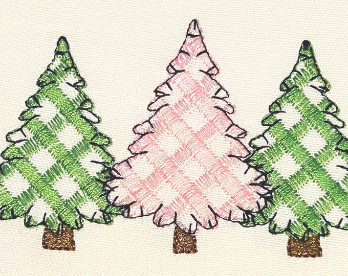 Baby gingham Christmas trees in a row machine embroidery designs checkered triple trees Woodlands Tree Trio many sizes from 4 up to 12 inch