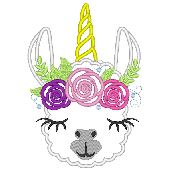 Llamacorn face Llama with corn head and roses floral crown 3 roses llama unicorn rainbow machine embroidery applique designs