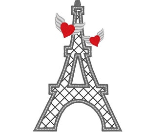 Eiffel tower winged hearts love, machine embroidery applique and fill stitch designs in assorted sizes 5, 6 and 7in INSTANT DOWNLOAD