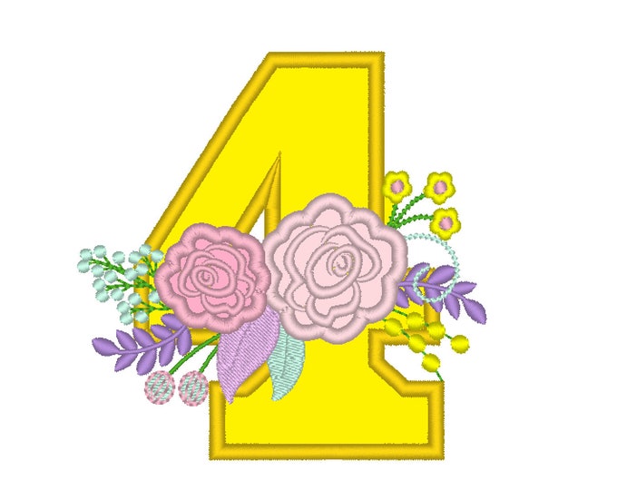 Farm Birthday number country style vintage french floral crown barn number FOUR 4 machine embroidery design in assorted sizes rose flower