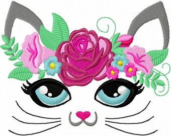 Kitty face with shabby chick roses crown applique machine embroidery applique embroidery design cat head kitty