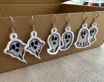 SET of 3 different Spooky Ghosts Halloween Earrings ITH in the hoop FSL freestanding lace machine embroidery designs Ghost girls outfit