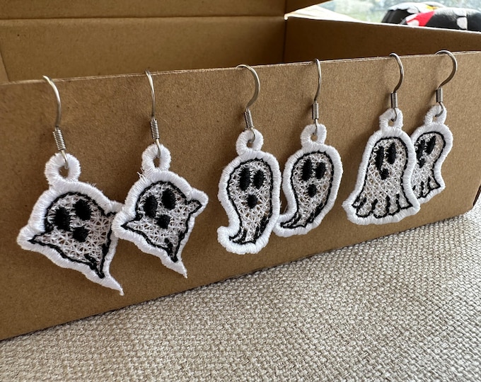 SET of 3 different Spooky Ghosts Halloween Earrings ITH in the hoop FSL freestanding lace machine embroidery designs Ghost girls outfit