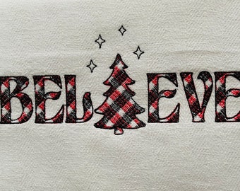 Merry Christmas gingham tartan check old fashioned classic Pillow or Kitchen dish towel saying Believe embroidery designs hoop 4x4 5x7 6x10