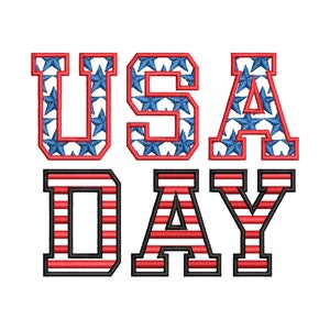 Puede incluir: USA DAY en letras mayúsculas rojas y azules con un patrón de estrellas y un patrón de rayas rojas y blancas.