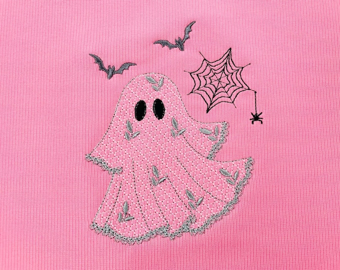 Halloween Ghost awesome lace effect dress machine embroidery designs for hoop 4x4 and 5x7 kids baby girls scary spooky Bat Spider Web design