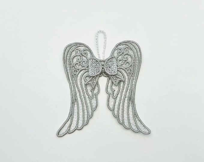 Angel wings and Bow FSL freestanding lace Artapli original bow hanger Christmas tree decoration ornament machine embroidery designs SET of 2