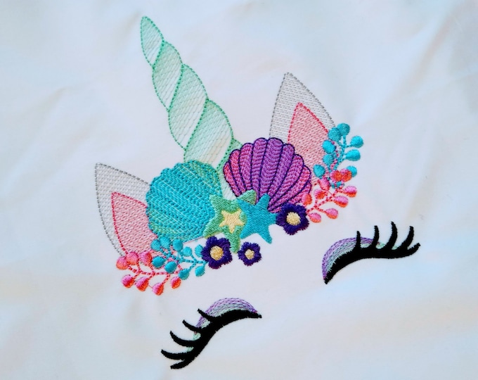 Summer mermaid Sketch stitch Unicorn head with shell and stars crown light triple bean stitch machine embroidery design Rainbow unicorn face