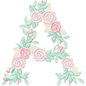 Delicate Roses Floral letter A garden flag monogram flowers flower flowered Font machine embroidery designs 3.5, 4, 5, 6, 7, 8 in