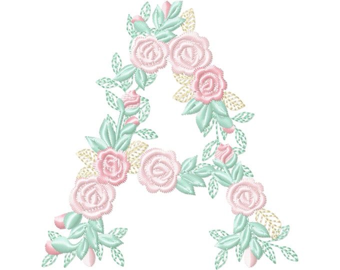 Delicate Roses Floral letter A garden flag monogram flowers flower flowered Font machine embroidery designs 3.5, 4, 5, 6, 7, 8 in