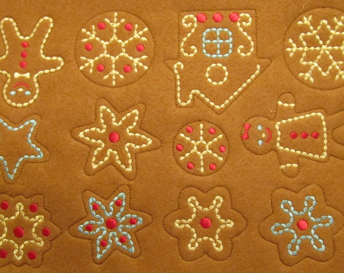 Sweet home Christmas Gingerbread man ginger cookies in-the-hoop ITH embroidery project feltie, machine embroider designs ornament decoration