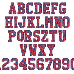 May include: An alphabet and numbers with a star pattern in red and blue. The letters and numbers are in a bold, blocky font.