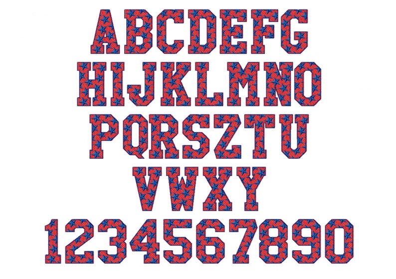 May include: An alphabet and numbers with a star pattern in red and blue. The letters and numbers are in a bold, blocky font.