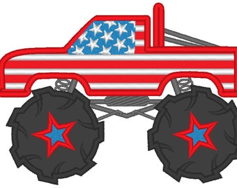 4th of July Monster truck, machine embroidery applique designs, machine embroidery design, boy applique, flag 4x4, 5x7 and 6x10