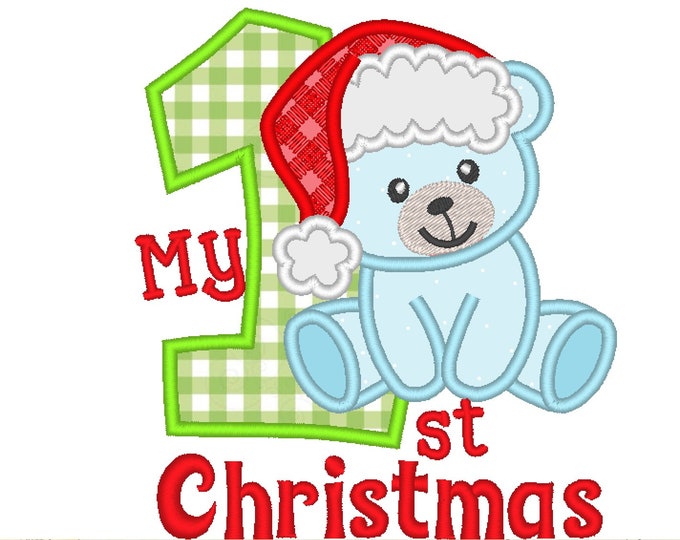 My 1st Christmas Teddy bear with  Santa hat,  Christmas Machine Embroidery applique designs, for hoops 4x4  5x7 My First Christmas