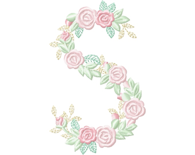 Delicate Roses Floral letter S garden flag monogram flowers flower flowered Font machine embroidery designs 3.5, 4, 5, 6, 7, 8 in