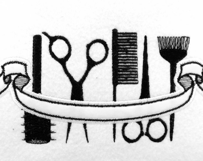 Hairdresser banner and tools embroidery applique design   4x4, 5x7, 6x10  INSTANT DOWNLOAD