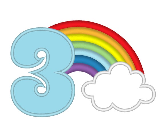 Simpatico arcobaleno compleanno numero 3 tre disegni di applique ricamati a  macchina misura 4, 5 e 6,5 pollici, arcobaleno tra le nuvole compleanno