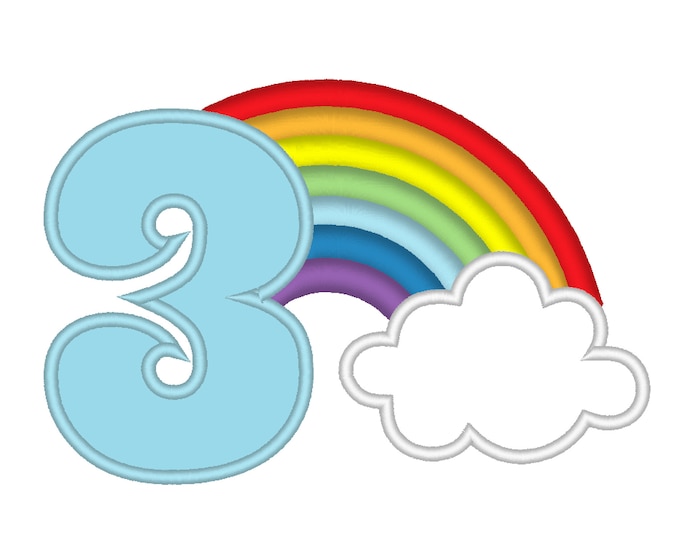 Cute Rainbow Birthday Number 3 three  machine embroidery applique designs size 4, 5 and 6.5 inches, rainbow in clouds baby birthday number 3