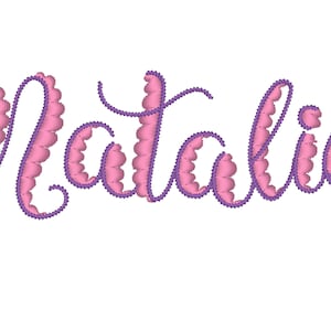 May include: The name Natalie is written in a cursive font with a pink outline and a purple fill.