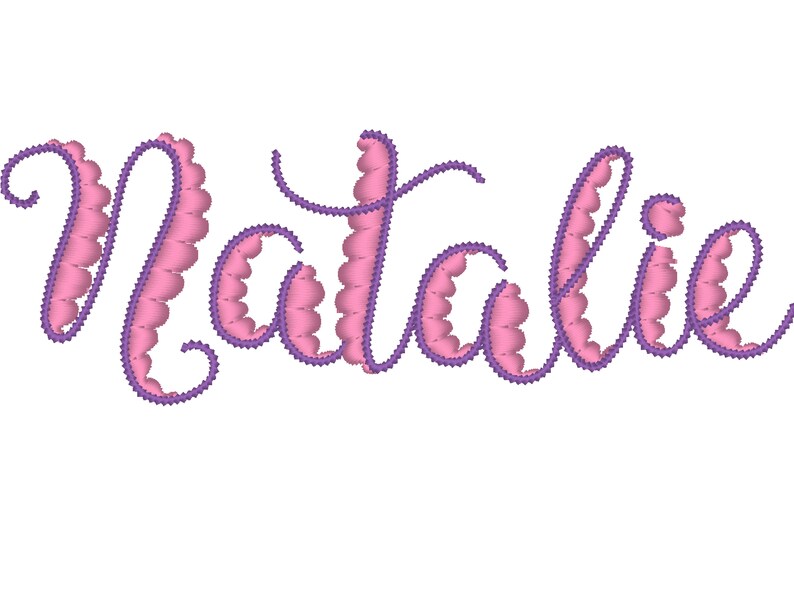 May include: The name Natalie is written in a cursive font with a pink outline and a purple fill.