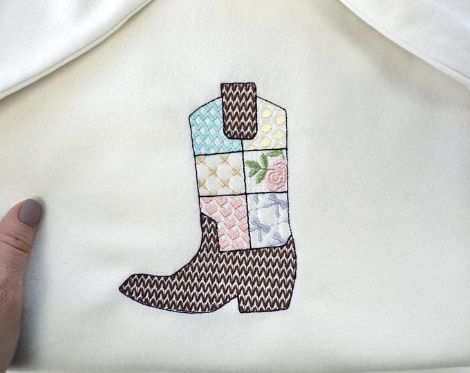 Patchwork Cowboy Boots patterned boot machine embroidery designs assorted sizes 4 up to 6in farm kids girls boys cowgirl light stitch design